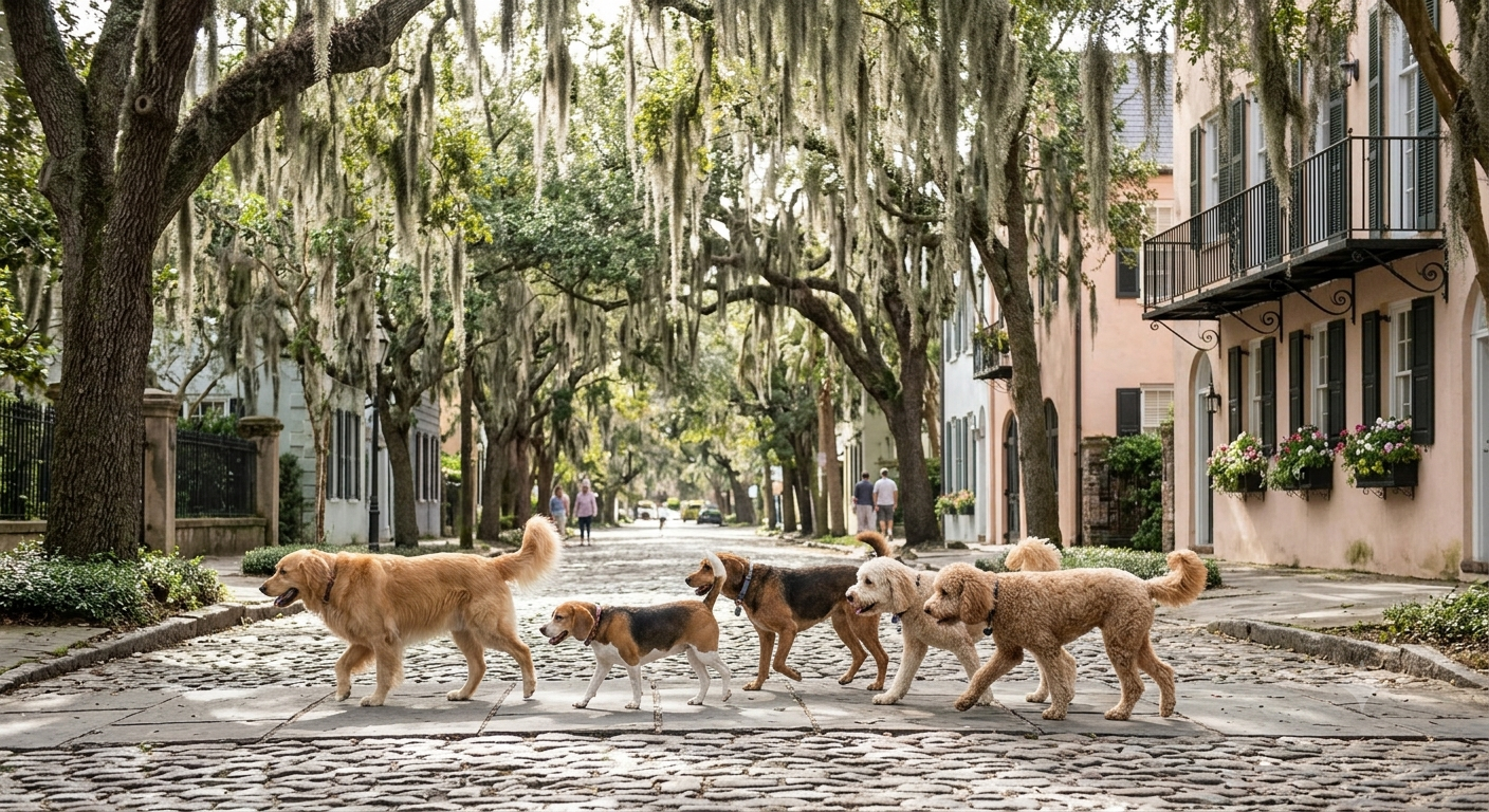 A line of dogs crossing a cobblestone Charleston street under live oaks